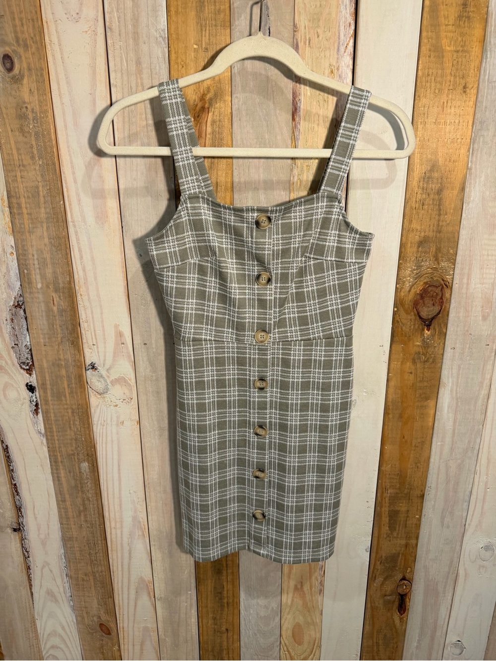 Altar'd State Olive Green Plaid Button-Front Mini Dress
